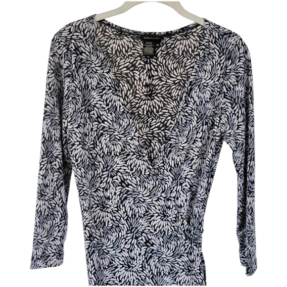 BCBG MAXAZRIA Woman's Sz M Plunge Neck Wrap Dress Leaf Print Grey Black - Picture 7 of 13